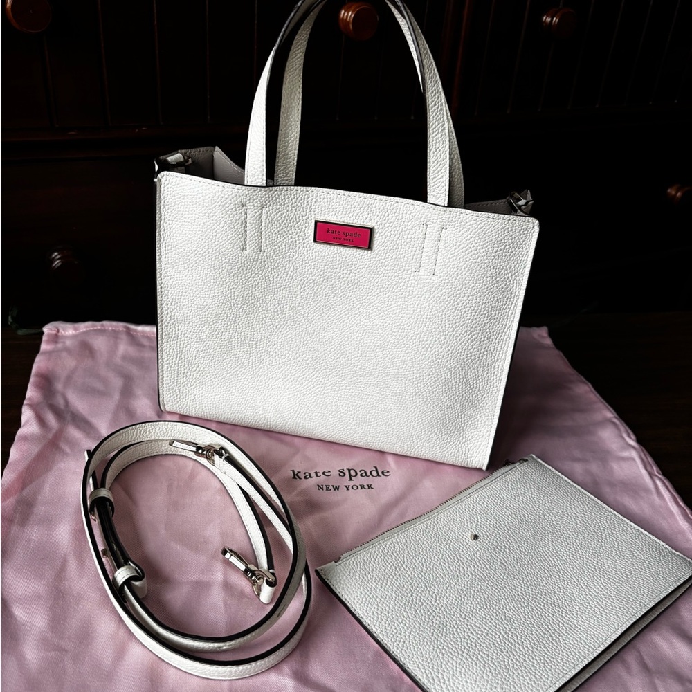 Kate Spade Sam Medium Satchel White with Pink Emblem - Picture 11 of 14